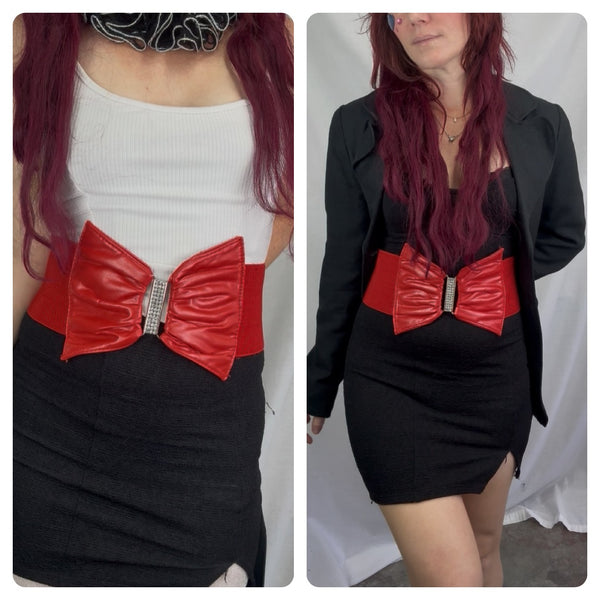 Cherry Red Stretch Corset Bow Belt - Rhinestone Statement Cincher - S/M