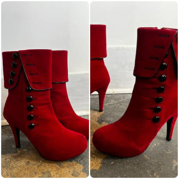 Velvet Red Ankle Boots - Pirate Vampire Goth Victorian Steampunk - Size 8.5