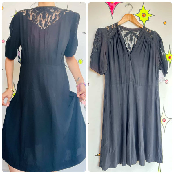 Vintage 1940s Handmade Black Dress with Lace Details – Whimsy Goth Elegance M L