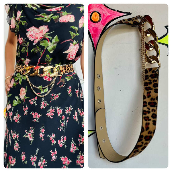 Vegan Leopard Print Belt with Gold Chains - Adjustable Punk Boho Glam Belt - 39"