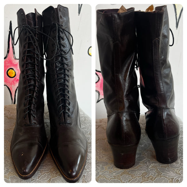 Antique Leather Victorian Boots | Shiny Brown Pointy Lace Up Boots | Size 7-7.5