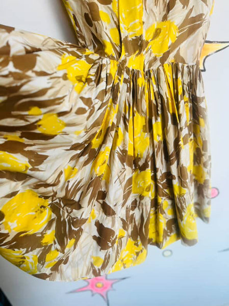 Vintage 1950s Yellow Rose Print Fit & Flare Dress Full Skirt Fairy Grunge | 5/6