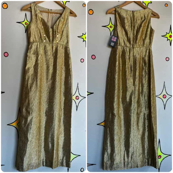 Stunning Old Hollywood 60s Gold Metallic Maxi Dress – XS – True Vintage