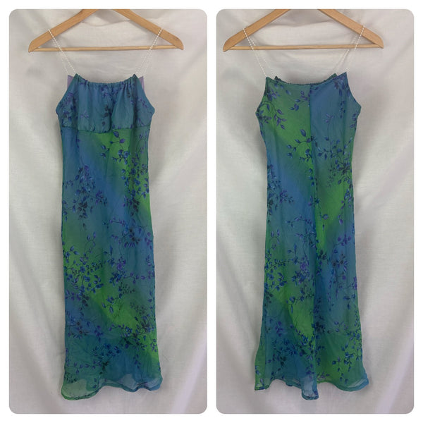 Y2K Blue Green Abstract Floral Mermaid Slip Dress Fairy Grunge Princess Midi S