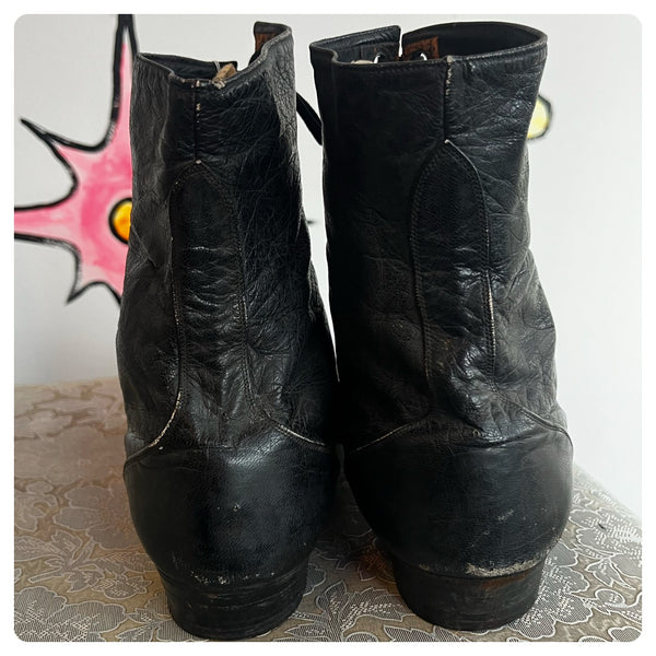 Antique Victorian Leather Booties Boots | 1910s Black Witchy Lace Up Boots | 9