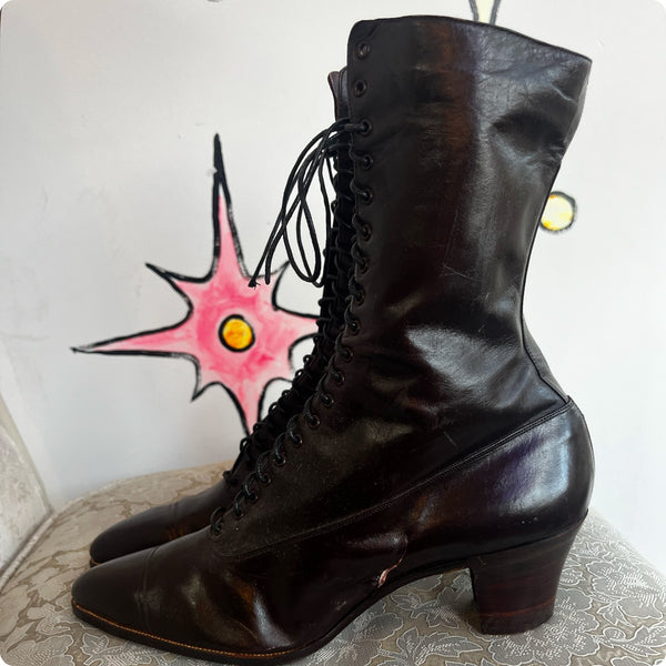 Antique Leather Victorian Boots | Shiny Brown Pointy Lace Up Boots | Size 7-7.5