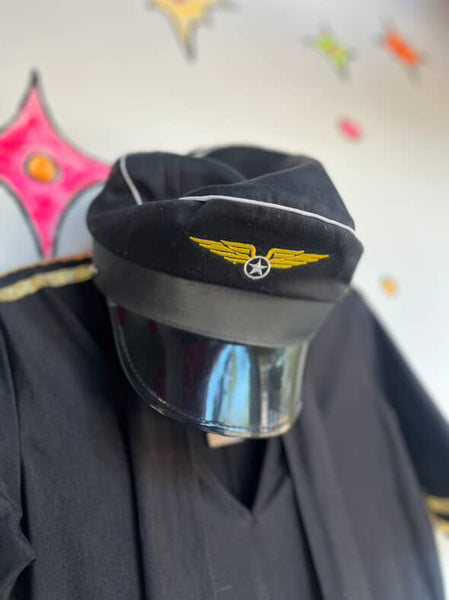 Black & Gold Sexy Pilot Flight Attendant Halloween Costume | Includes Hat | M