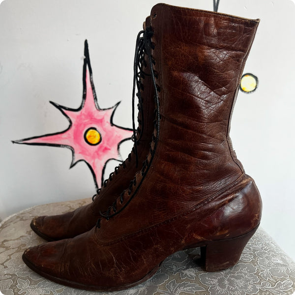 Antique Leather Victorian Boots | Brown Pointy Lace Up Boots | Size 7 - 7.5