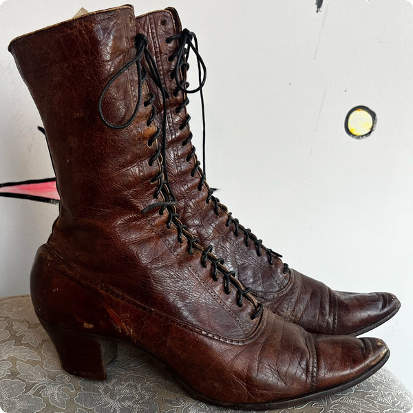 Antique Leather Victorian Boots | Brown Pointy Lace Up Boots | Size 7 - 7.5