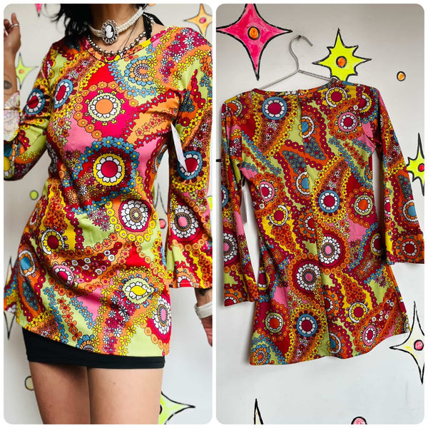 Retro 90s Does 60s/70s MOD GoGo Psychedelic Rainbow Paisley Mini Dress - XS/S