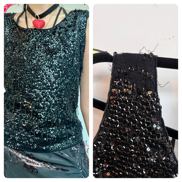 Vintage 1950s/60s Heavily Beaded & Sequin Flapper Blouse - Black Wool Top - S