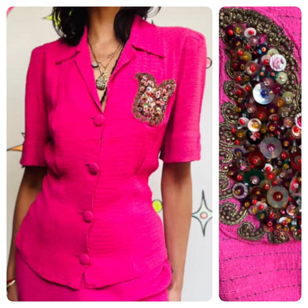 Charming One-of-a-Kind 1950s Candy Pink Blouse with Embellished Beaded Pocket S