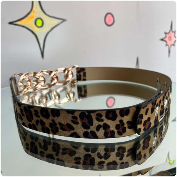 Vegan Leopard Print Belt with Gold Chains - Adjustable Punk Boho Glam Belt - 39"