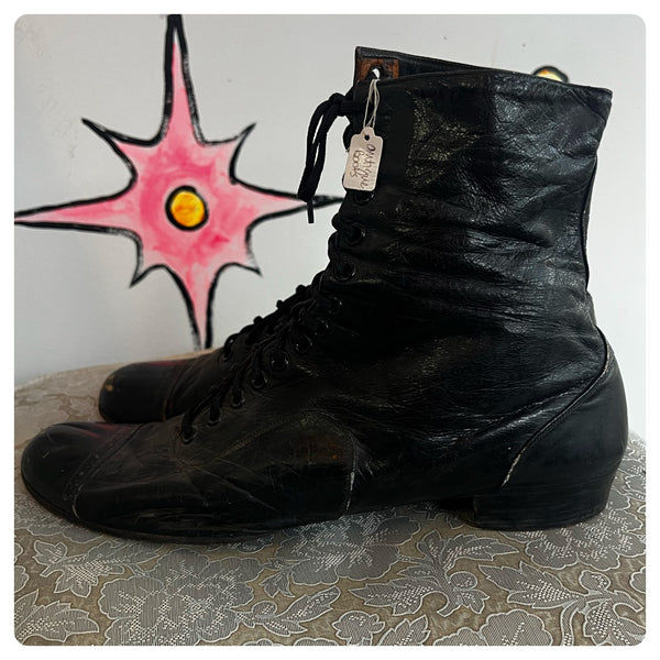 Antique Victorian Leather Booties Boots | 1910s Black Witchy Lace Up Boots | 9