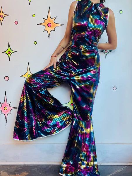 Unisex Rainbow Metallic Disco Big Collar Bellbottom Jumpsuit - Clown Costume - L