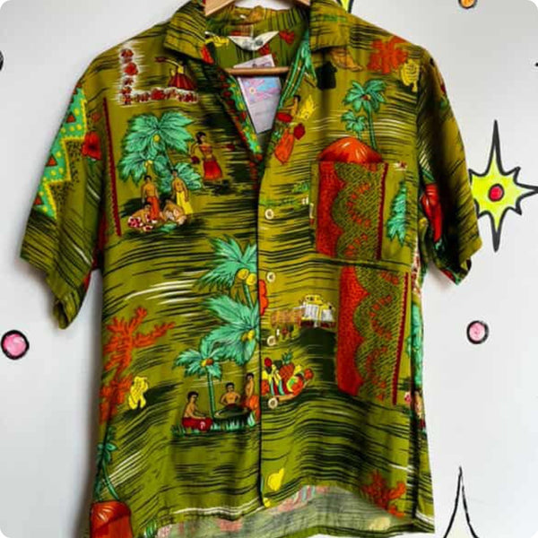 Vintage 1950s Green Hawaiian Tiki Shirt - Lightweight Cotton - Mens Small
