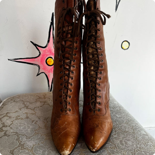 Antique Leather Victorian Boots | Brown Pointy Lace Up Boots | Size 5