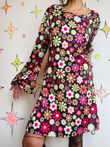 Retro 90s MOD GoGo Mini Dress | Psychedelic Floral Print | 60s Costume - L