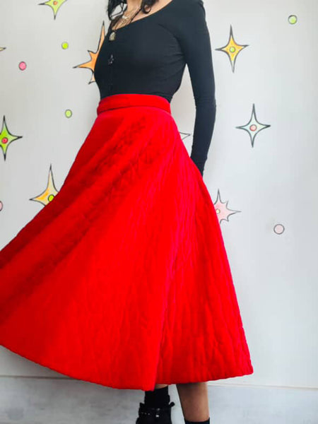 True Vintage 1950s Cherry Red Quilted Velvet Circle Skirt - Swing Rockabilly - S