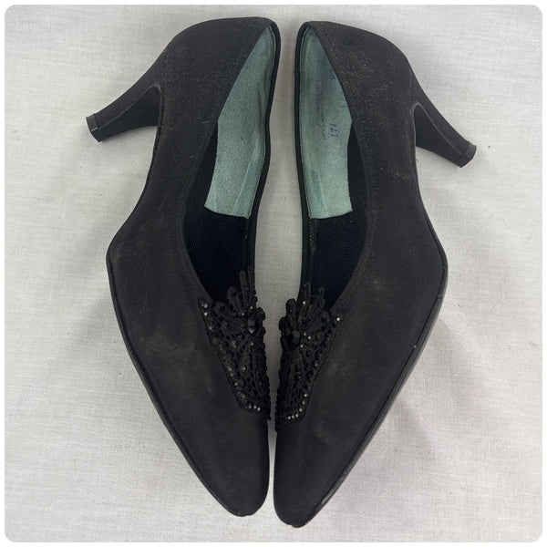 Vintage 1950s Black Glam Witchy Satin Rhinestone & Lace Embellished Heels - 8.5-9
