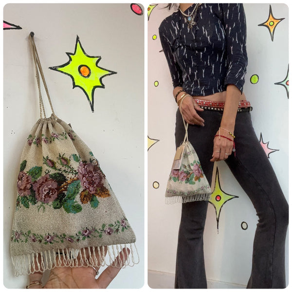 Antique 1920s | Ornate Floral Art Deco Beaded Flapper Handbag Purse with Fringe