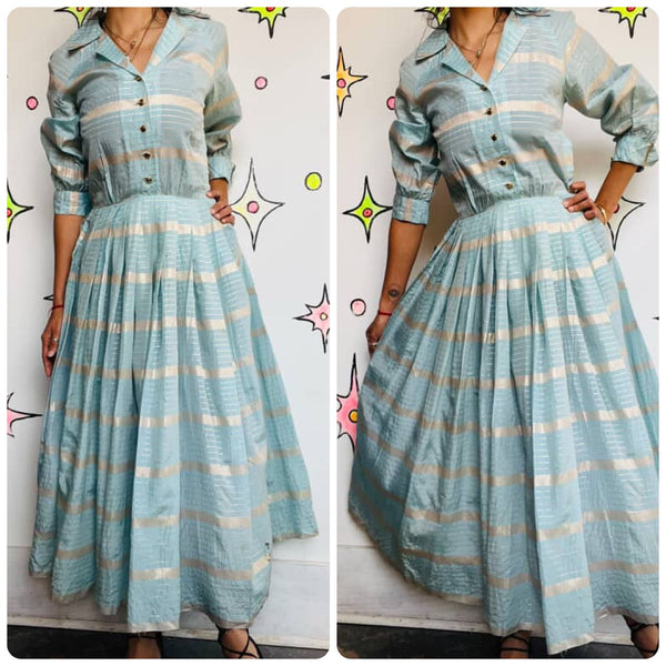 Vintage 1950s Blue & Gold Striped Fit & Flare Dress - Handmade 50s Party Dress