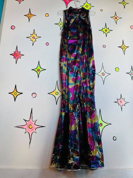 Unisex Rainbow Metallic Disco Big Collar Bellbottom Jumpsuit - Clown Costume - L