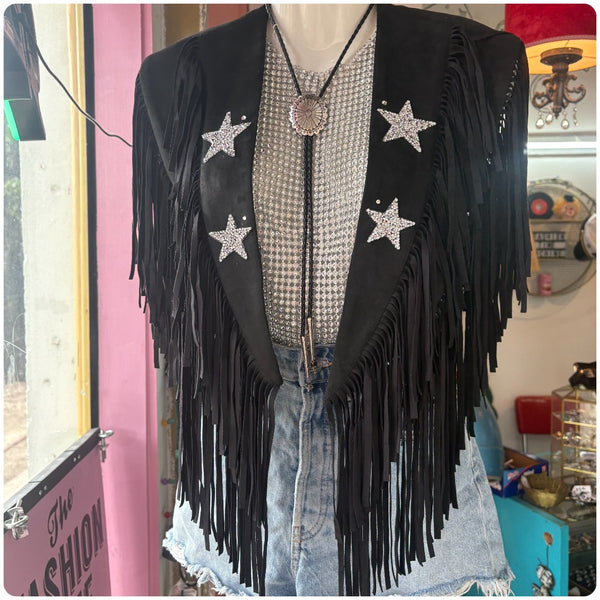 Retro Western Embellished Black Faux Suede Fringe Collar