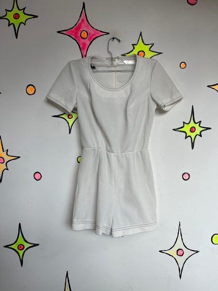 Vintage 1960s–70s White Ribbed Go-Go Mod Romper | Groovy Mini Playsuit | XS