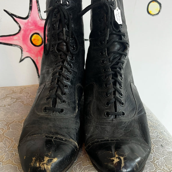 Antique Victorian Leather Booties Boots | 1910s Black Witchy Lace Up Boots | 9