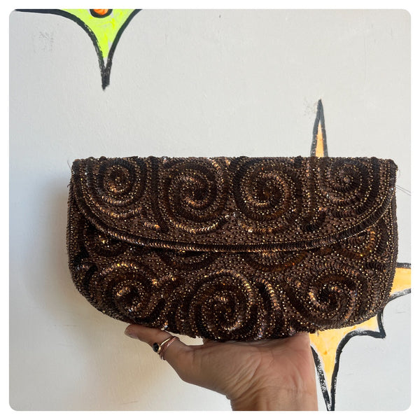 Vintage 1950s 60s | Metallic Bronze Gold Brown Beaded Purse Bag Handbag Clutch