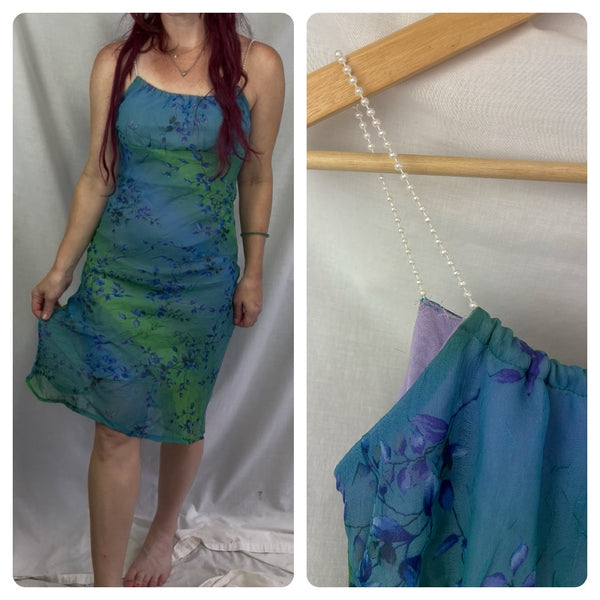 Y2K Blue Green Abstract Floral Mermaid Slip Dress Fairy Grunge Princess Midi S