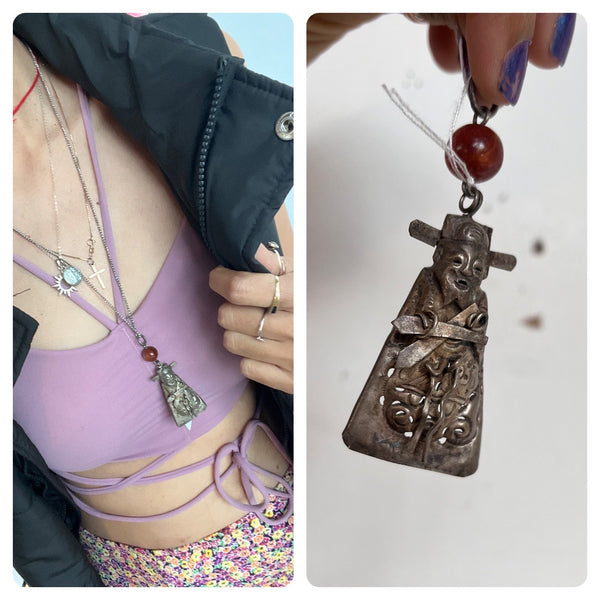 Chinese Silver Carnelian Needle Case with Figure Pendant 19th Century