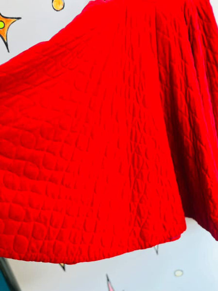 True Vintage 1950s Cherry Red Quilted Velvet Circle Skirt - Swing Rockabilly - S
