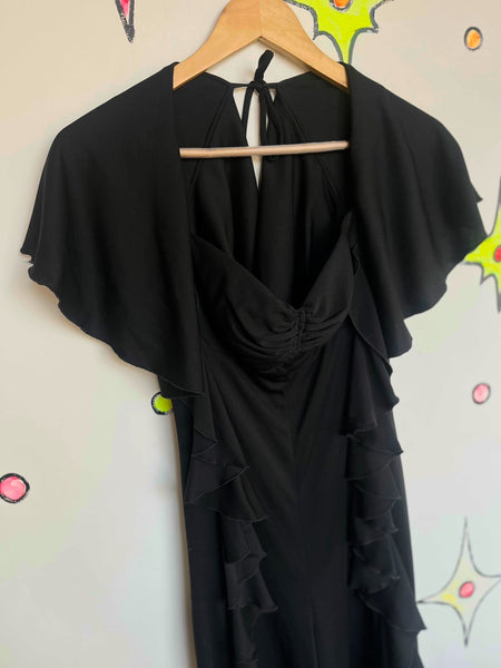 Vintage 1970s Black Ruffled Disco Jumpsuit | Glam Flare Party Catsuit | Small