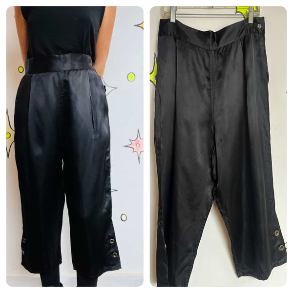Vintage 1930s Black Silk High-Waisted Loungewear Trousers | Capri Pants | 29