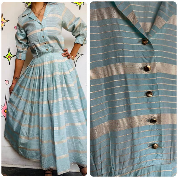 Vintage 1950s Blue & Gold Striped Fit & Flare Dress - Handmade 50s Party Dress