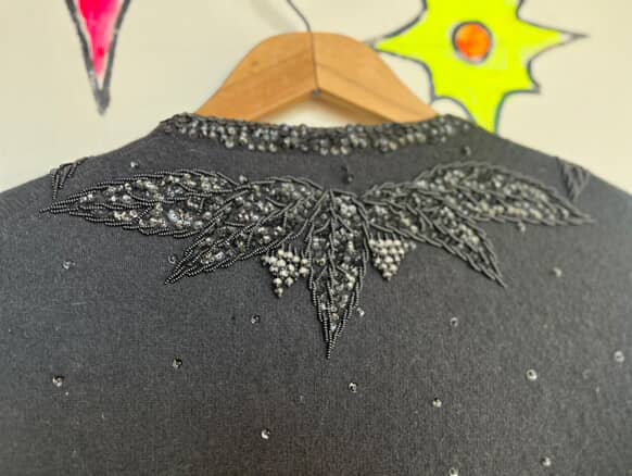 Vintage 1950s | Beaded Black Boho Grunge Whimsy Goth Wool Cardigan Sweater | S