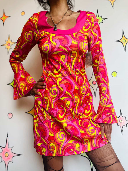 Retro 90s Does 60s/70s MOD GoGo Psychedelic Pink Paisley Mini Dress - S