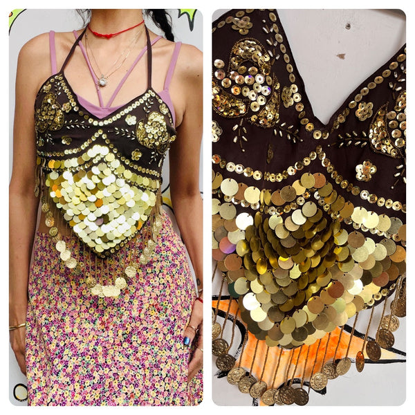 Boho Gypsy Fairy Grunge Beaded Gold Coins Halter Top Show Girl Dance One Size