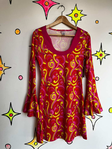 Retro 90s Does 60s/70s MOD GoGo Psychedelic Pink Paisley Mini Dress - S