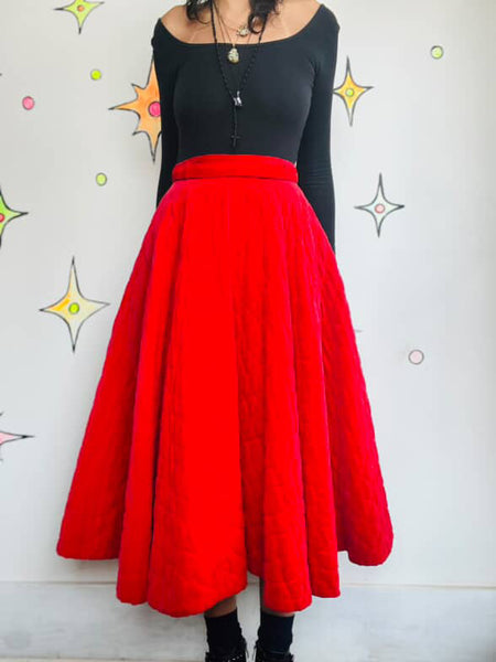 True Vintage 1950s Cherry Red Quilted Velvet Circle Skirt - Swing Rockabilly - S