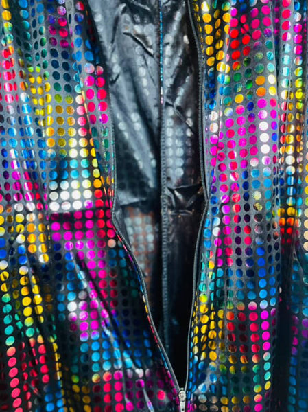 Unisex Rainbow Metallic Disco Big Collar Bellbottom Jumpsuit - Clown Costume - L