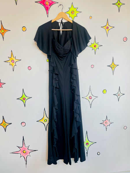Vintage 1970s Black Ruffled Disco Jumpsuit | Glam Flare Party Catsuit | Small