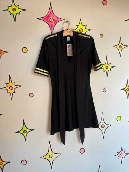 Black & Gold Sexy Pilot Flight Attendant Halloween Costume | Includes Hat | M