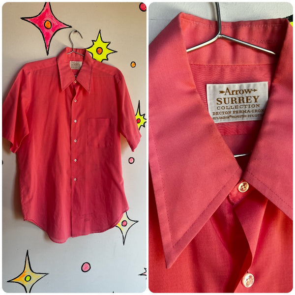Vintage 1960s 70s | Men’s Pink Big Collar Retro Groovy Cotton Shirt | Medium