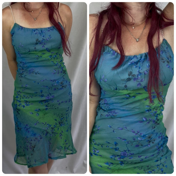 Y2K Blue Green Abstract Floral Mermaid Slip Dress Fairy Grunge Princess Midi S
