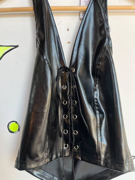 Mall Goth Wet Look Vegan Leather Corset Bustier - Fairy Grunge Lace-Up Top - S