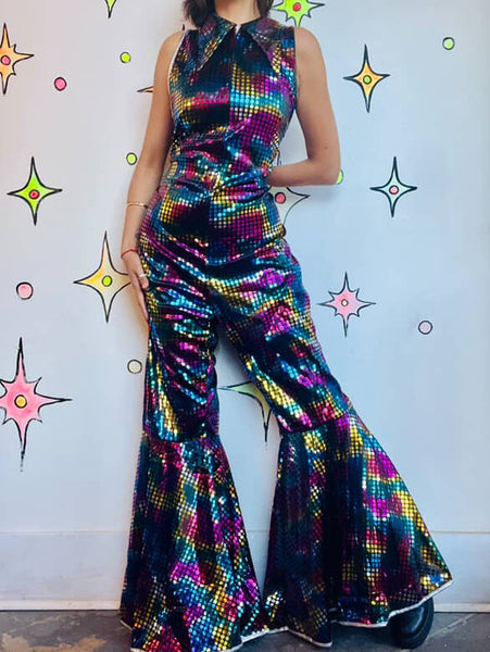 Unisex Rainbow Metallic Disco Big Collar Bellbottom Jumpsuit - Clown Costume - L