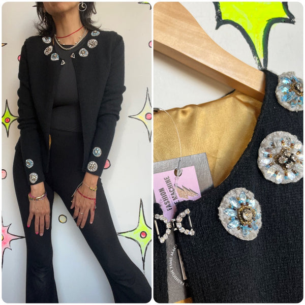 Vintage 90s does 50s | Beaded Black Boho Grunge Whimsy Goth Wool Cardigan | M